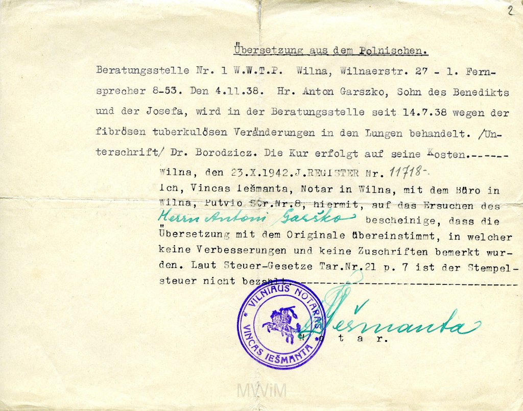 KKE 5733-1.jpg - (niemiecki-litewski) Dok. Zaświadczenia lekarskie tłumaczone przez notariusza na język niemiecki dla Antoniego Graszko, Wilno, 23 X 1942 r./19 VII 1943 r.